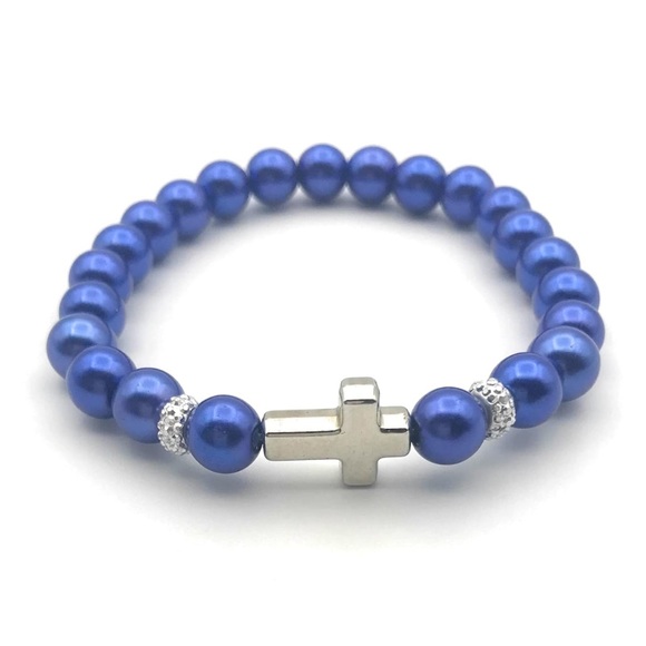 Cobalt Blue Faux Pearl Side Cross Stretch Bracelet - Picture 1 of 4